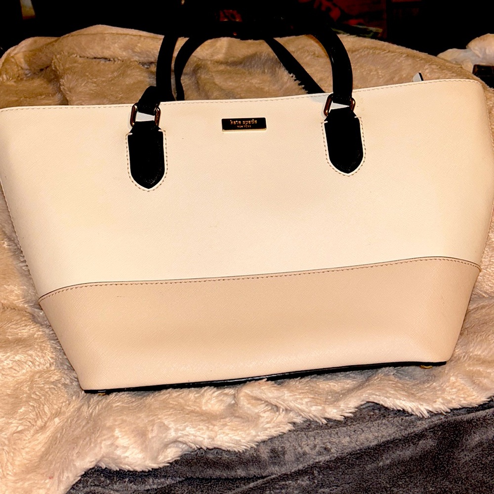 Kate Spade New York Tote Bag White Beige Black Handles